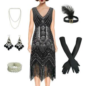 Women's 1920s Flapper Dress Vintage Lace Fringed Gatsby Cocktail Party